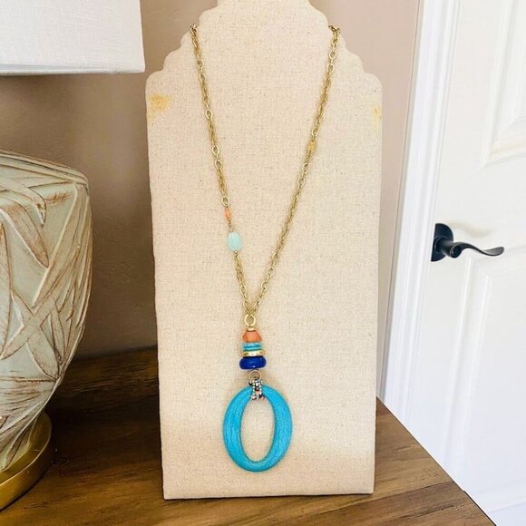 Chicos Turquoise Howlite Oval Pendant Long Necklace With Gold-Tone Chain & Be - Picture 4 of 5